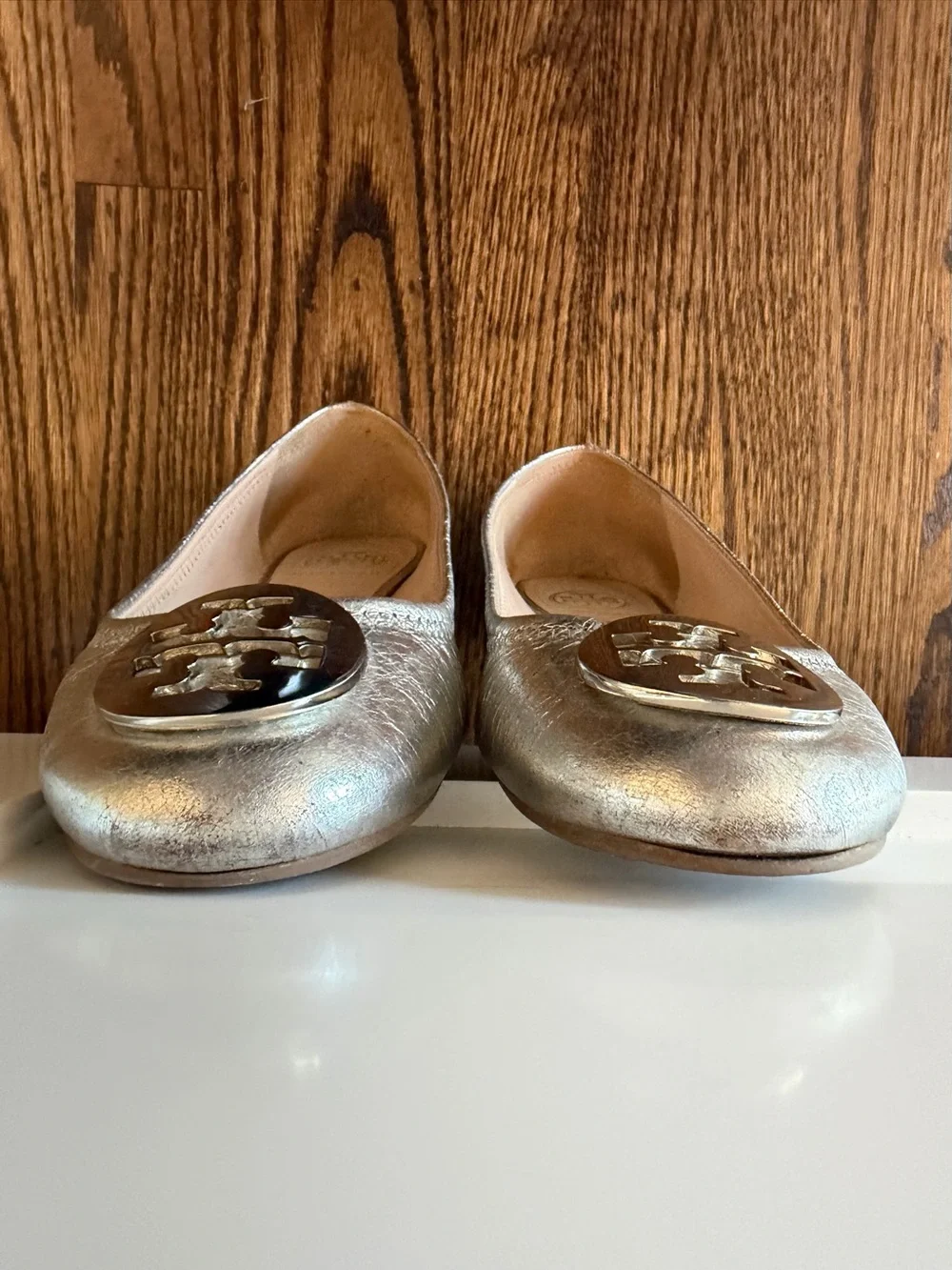 Tory Burch Silver Leather Logo Ballet Flats